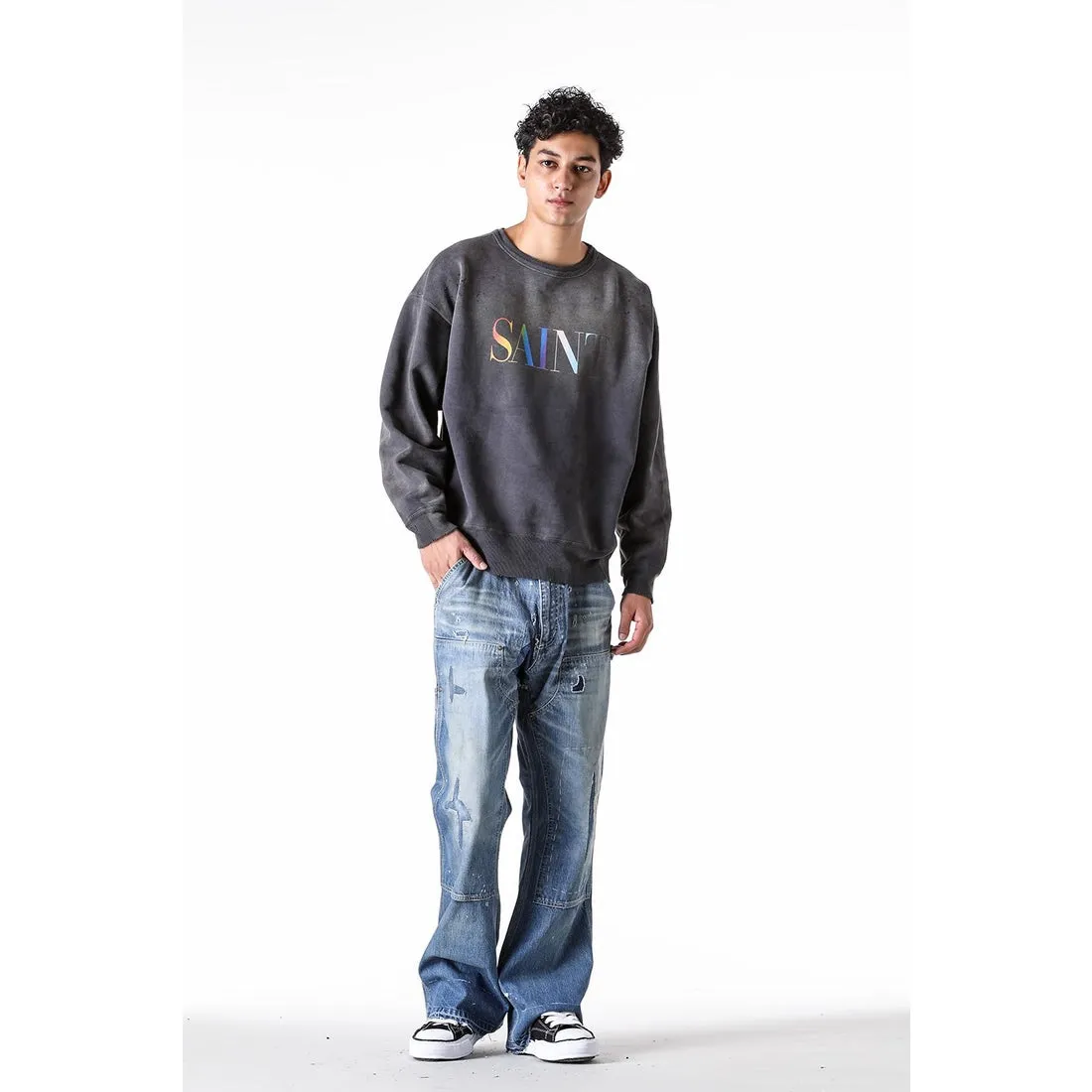 SAINT Mxxxxxx CREW NECK SWT SHIRTS 'RAINBOW SNT'/BLK Rainbow SAINT destruction sweatshirt, washed black S-XL Assute dyeing, genuine whole garment sprayed with horsetail fading process, collar/cuffs frayed in many places, front and rear panels/sleeves super complicated hanging grinding, heavy washing and water discoloration, correct fruit mark/angel mark